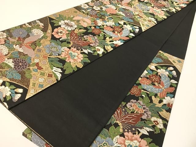 平和屋着物●六通柄袋帯　壁糸草木染　花蝶文　黒地　金糸　正絹　逸品　CABG1821vp 平和屋着物○六通柄袋帯 壁糸草木染 花蝶文 黒地 金糸 正絹 逸品