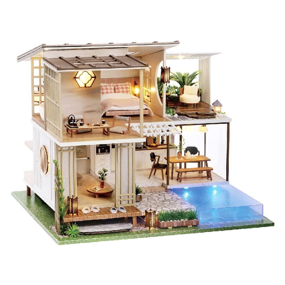 手作りキット セット 優雅で静寂な ミニチュア 和 の 別荘 ドールハウス 二階建て おしゃれ モダン 丁寧な暮らし moin LEDライト + アクリルケース moin + オルゴール 2112dh305