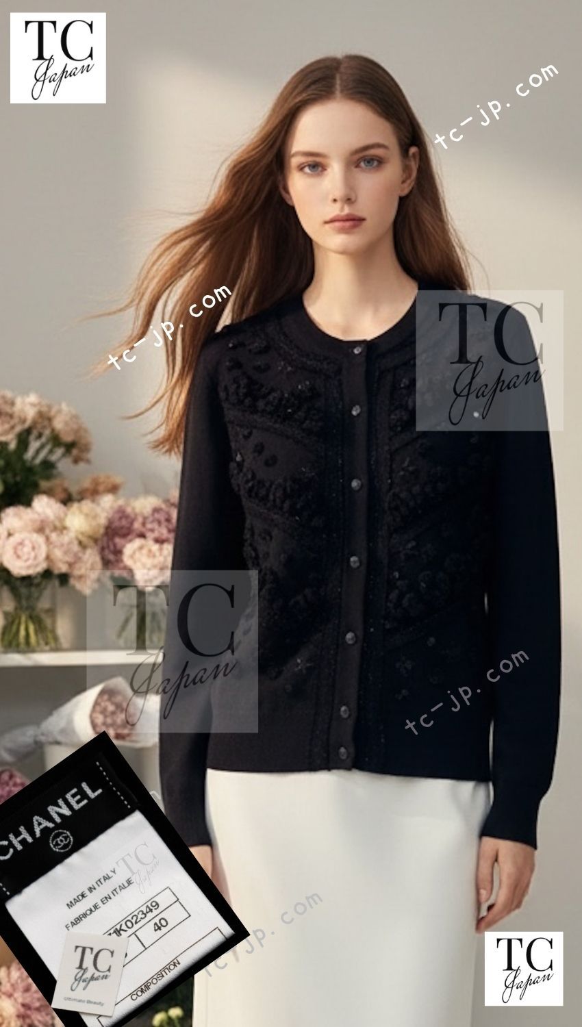 シャネル カーディガン CHANEL ブラック スパンコール 装飾 カシミヤ