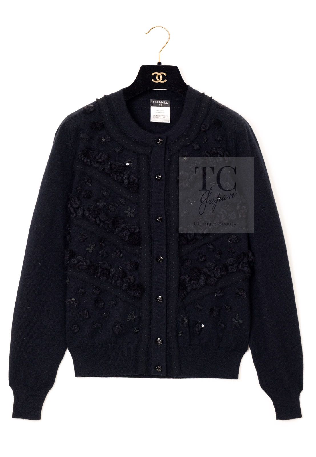 シャネル カーディガン CHANEL ブラック スパンコール 装飾 カシミヤ 100% ニット カール・ラガーフェルド 豪華 超美品 36 38 40 シャネル カーディガン CHANEL ブラック スパンコール 装飾 カシミヤ