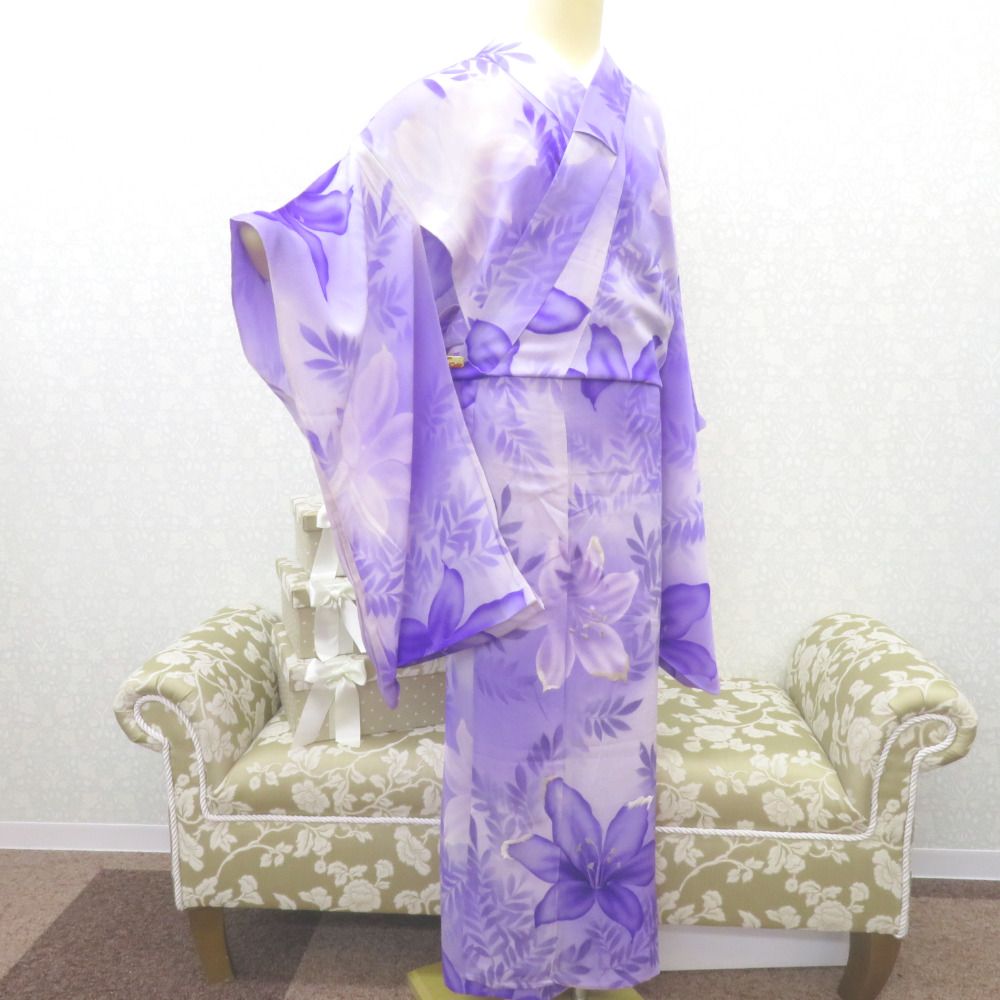 小紋 昔 アンティーク 昔着物 単衣 青紫×白 大花 刺繍 バチ衿 正絹 昔