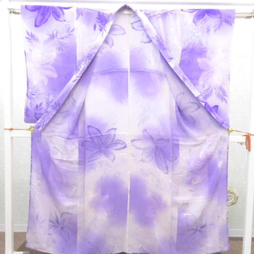 小紋 昔 アンティーク 昔着物 単衣 青紫×白 大花 刺繍 バチ衿 正絹 昔