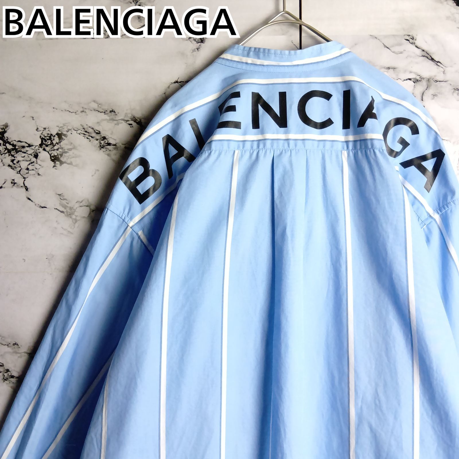 BALENCIAGA ライトブルー 長袖シャツ BALENCIAGA] バレンシアガ 長袖シャツ M ストライプ バックロゴ ブルー