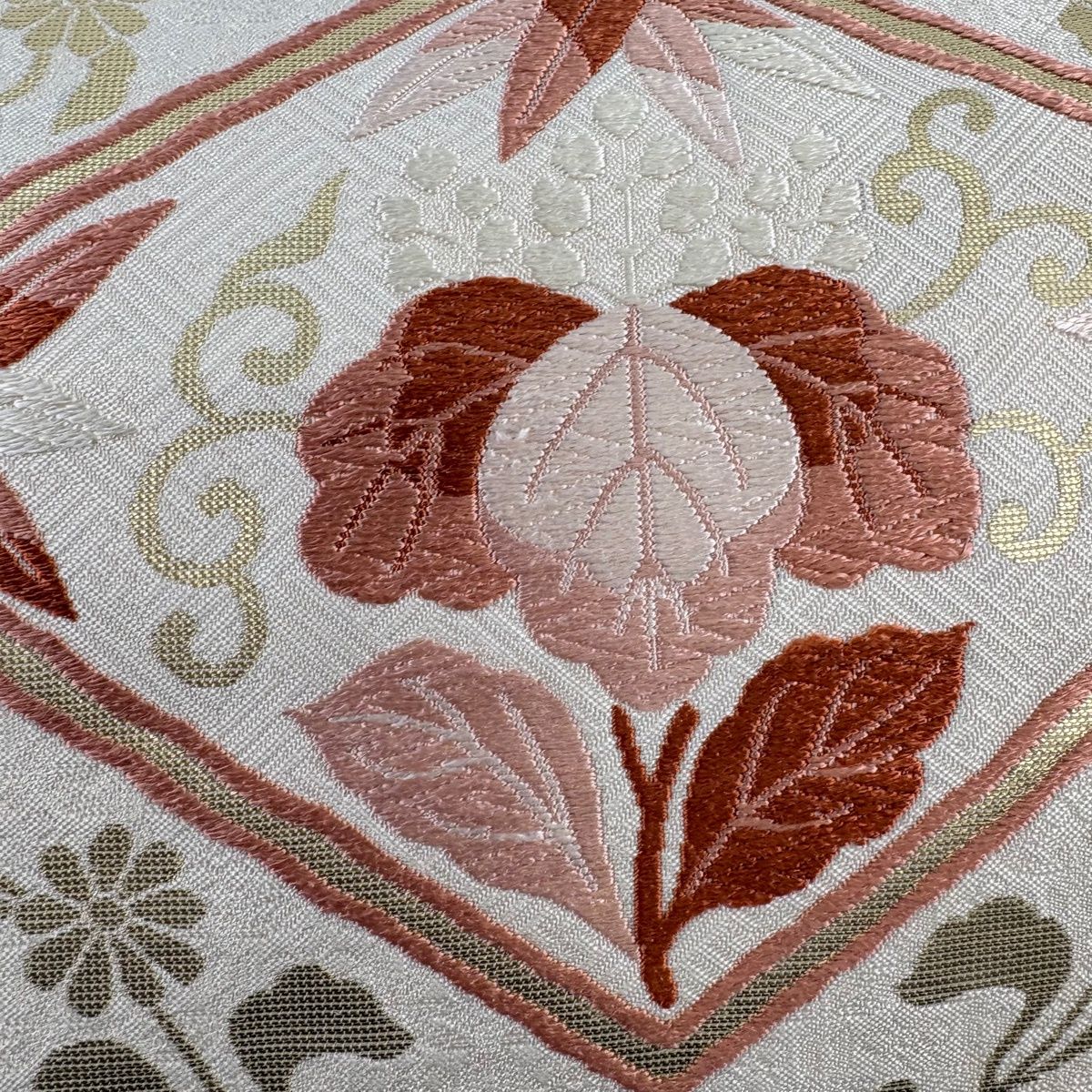 汕頭刺繍 正絹 袋帯 草花 中古 お太鼓柄 秀品 美品 逸品 紬地 金糸 