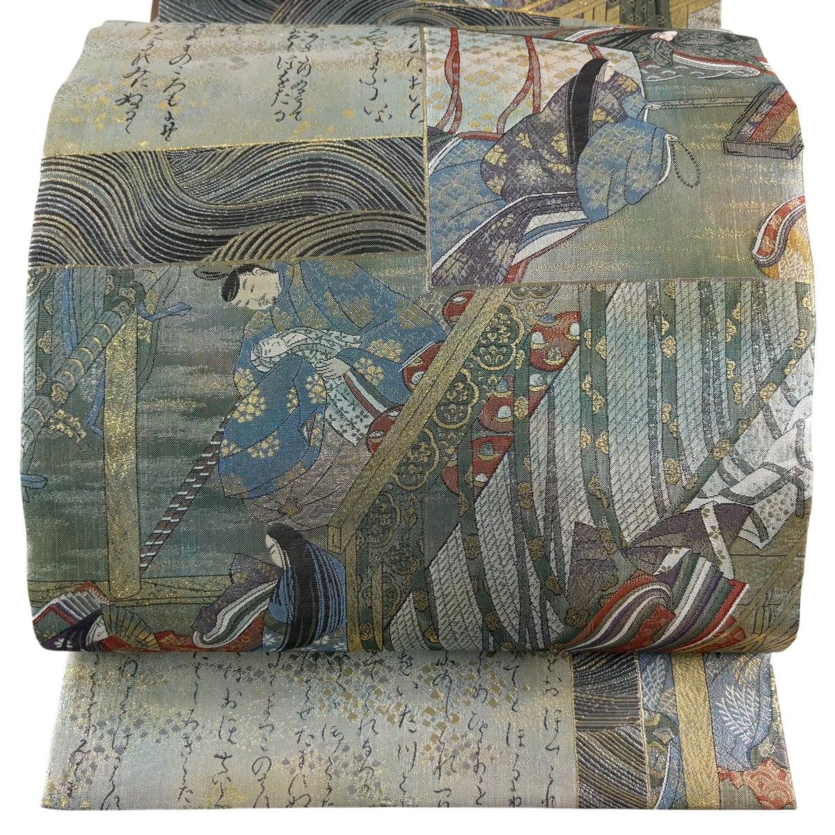 【美品】 丸帯 名品 国宝大全集 姫 文字文 箔 灰緑 お太鼓柄 正絹 【中古】