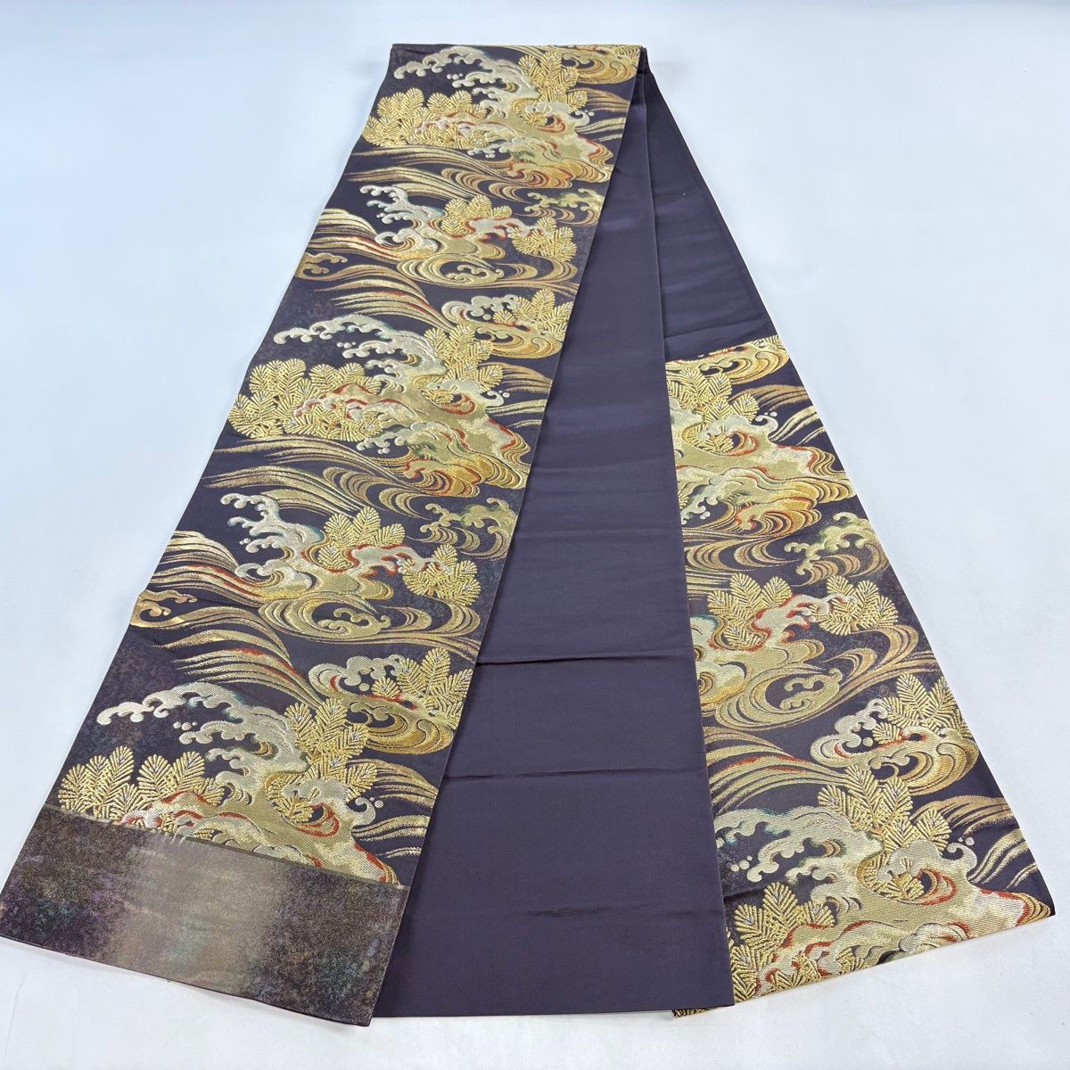 袋帯 秀品 枝花 刺繍 薄緑 お太鼓柄 正絹 中古 美品 袋帯 秀