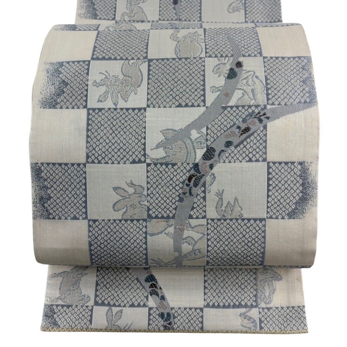 袋帯 鳥獣戯画　極美品　まとめ売り 袋帯 名品 市松 鳥獣戯画 銀糸 クリーム 六通 正絹 【中古】 - メルカリ