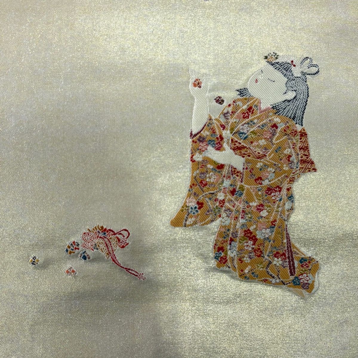 袋帯 秀品 長嶋成織物 落款 由水十久監修 童 手玉 箔 銀色 お太鼓柄