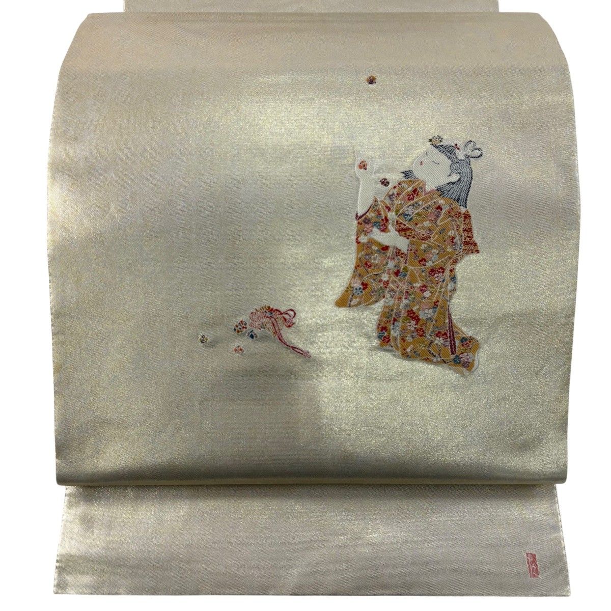袋帯 秀品 長嶋成織物 落款 由水十久監修 童 手玉 箔 銀色 お太鼓柄