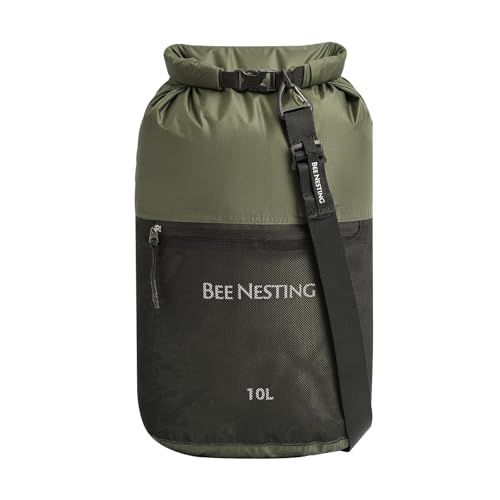 Bee Nesting 防水 ドライバッグ 10L スタッフバッグ 【3層式収納・乾湿分離】 超軽量 20Dナイロン 撥水 メッシュポケット 圧縮袋 ジム 温泉 水泳 旅行 登山 ショルダーベルト付き（ダークグリーン）美品　おすすめ