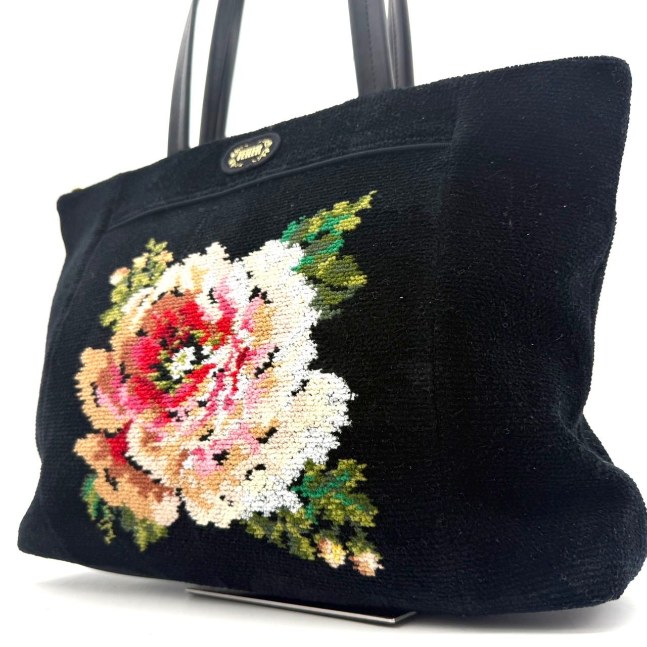 未使用 フェイラー FEILER トートバッグ シュニール織り 美品】フェイラー FEILER トートバッグ シュニール織 花柄 黒 ブラック