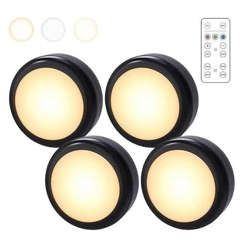 LEDライト 4個セット 電池式 キッチンライト 明るさ調整 昼光色/電球色/温白色 リモコン付き LED小型 電池式 手元 直径9cm 単3電池12本 省エネ 防災 節電対策 キッチン照明/枕元照明美品　おすすめ
