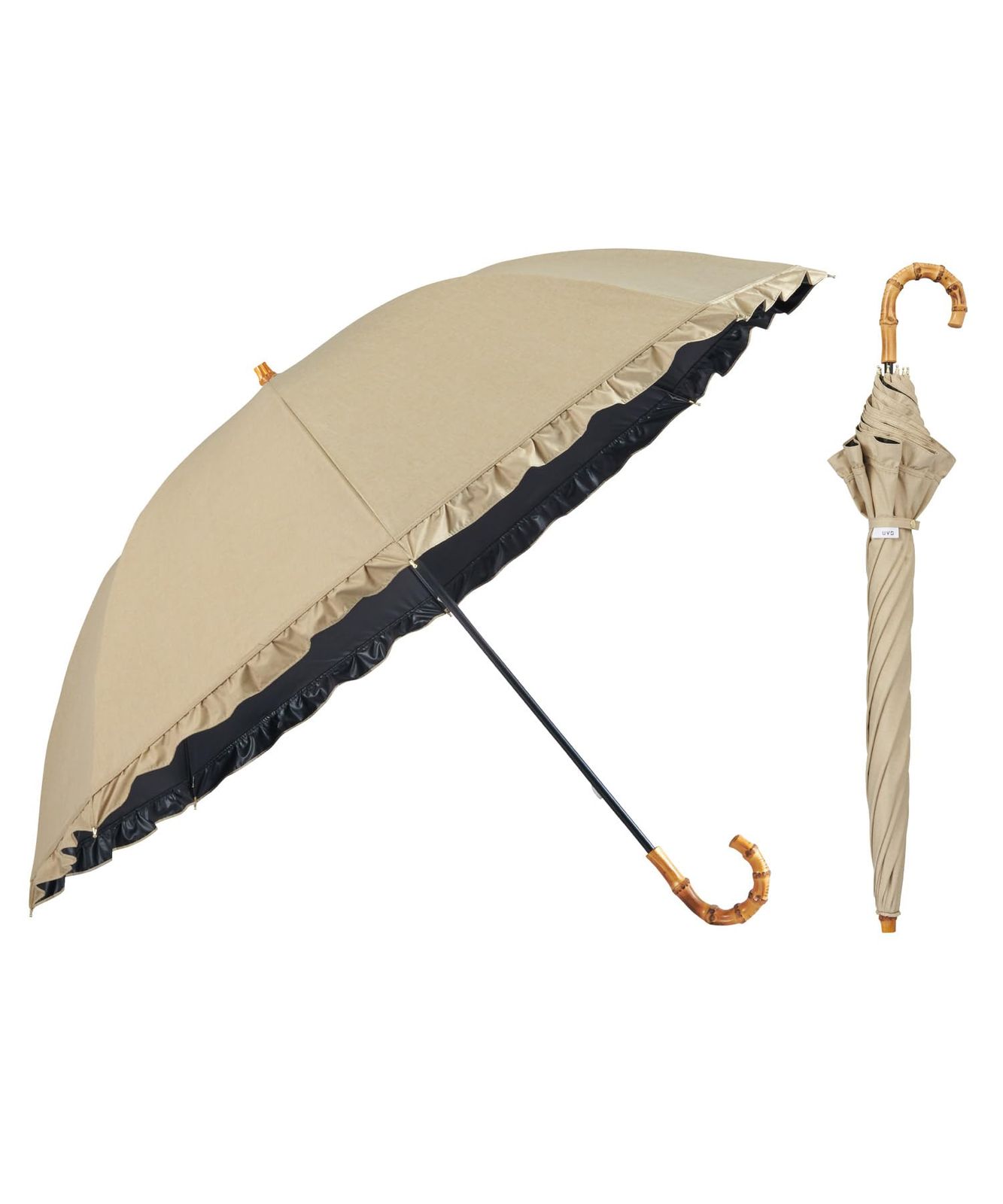 新品 【2026】最強の日傘 UVO(ウーボ) 60cm フリル サンドベージュ(限定色) ≪遮熱/遮光率100%/UVカット率100%/UPF50＋/晴雨兼用≫ 長傘 親骨60cm 大きい レディース バンブー Wpc おしゃれ 可愛い UV101FRL60