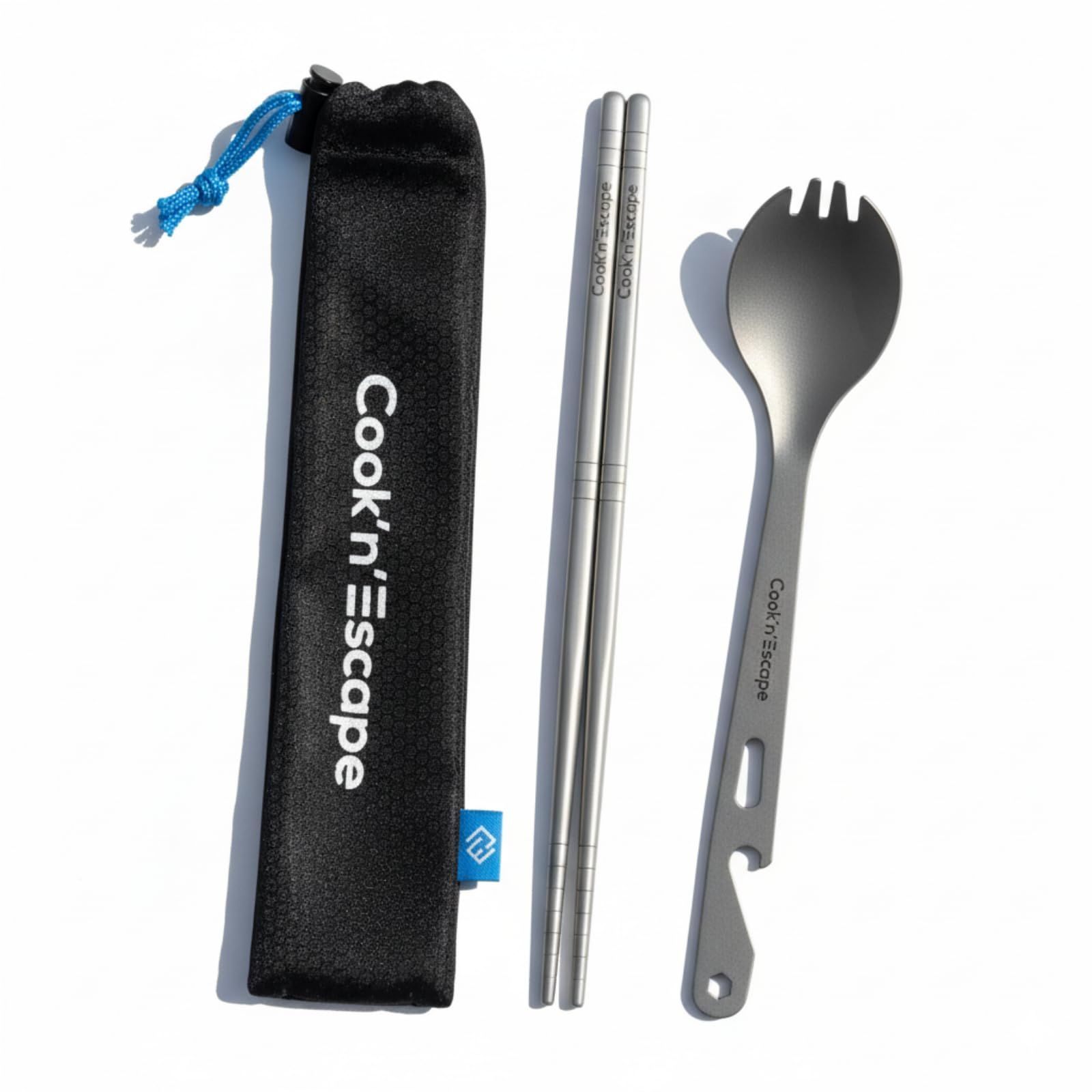 COOK'N'ESCAPE チタンカトラリーセット 2点セット 先割れスプーン＋箸1膳 箸 フォーク スプーン アウトドア キャンプ 登山 旅行 防災 コンパクト 携帯 頑丈 食器セット 純チタン製 食品衛生基準適合 サバイバル キャンプ道具 高美品　おすすめ