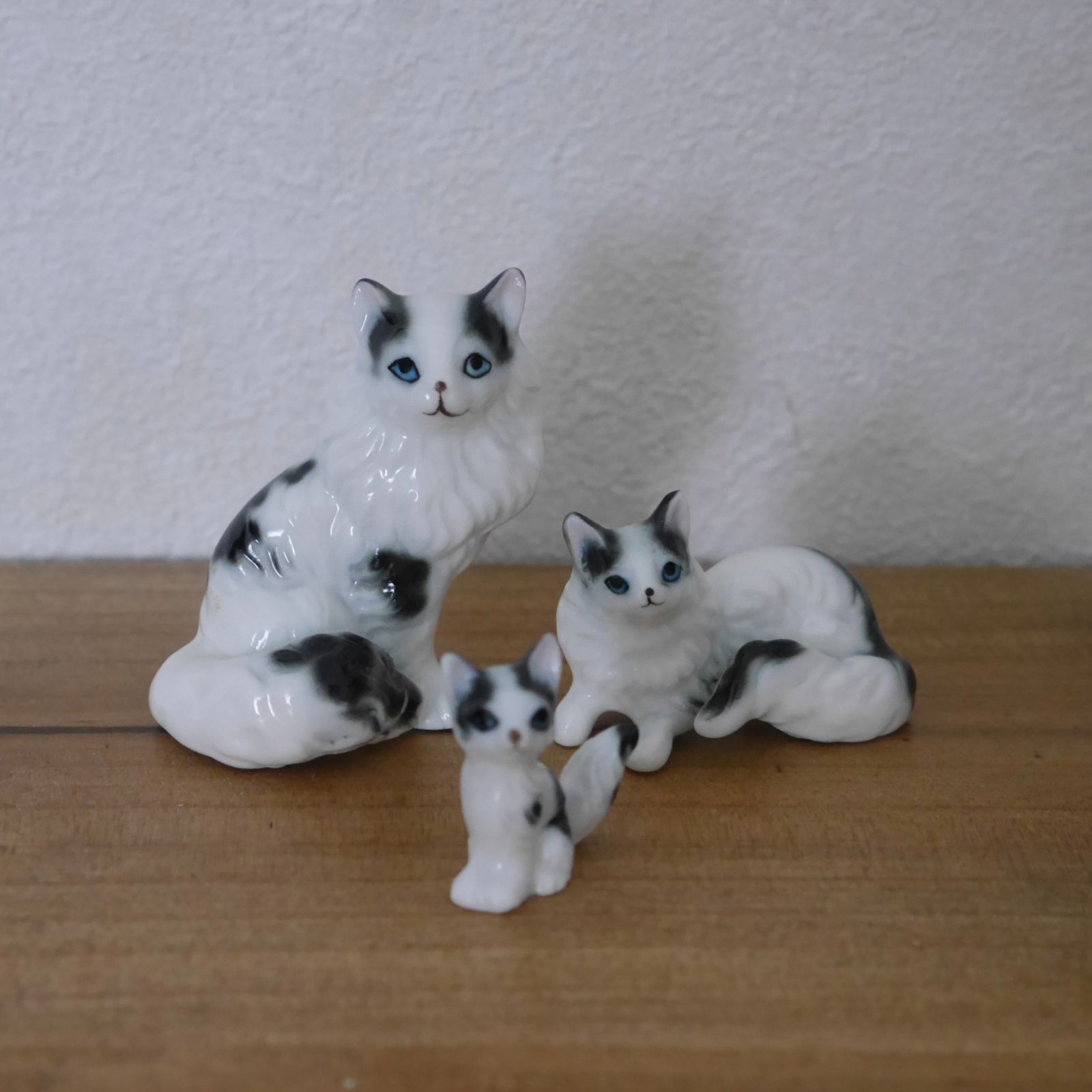 3SET】青い瞳の猫の親子 ミニチュア陶器フィギュア｜ヴィンテージ風 