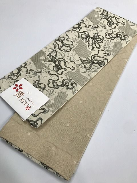 新品 半幅帯 化繊 グレー地ににゃんこ文様