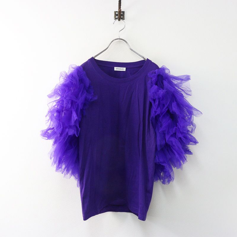 VIVIANO ヴィヴィアーノ チュールスリーブ クルーネックTシャツ S パープル┃カットソー トップス TEE【2400014906455】