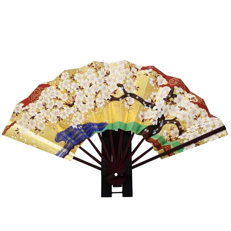 【新品】 飾り扇子 金箔地マロン骨 桜 22ｃｍ 骨数9本 飾り台 化粧箱付き