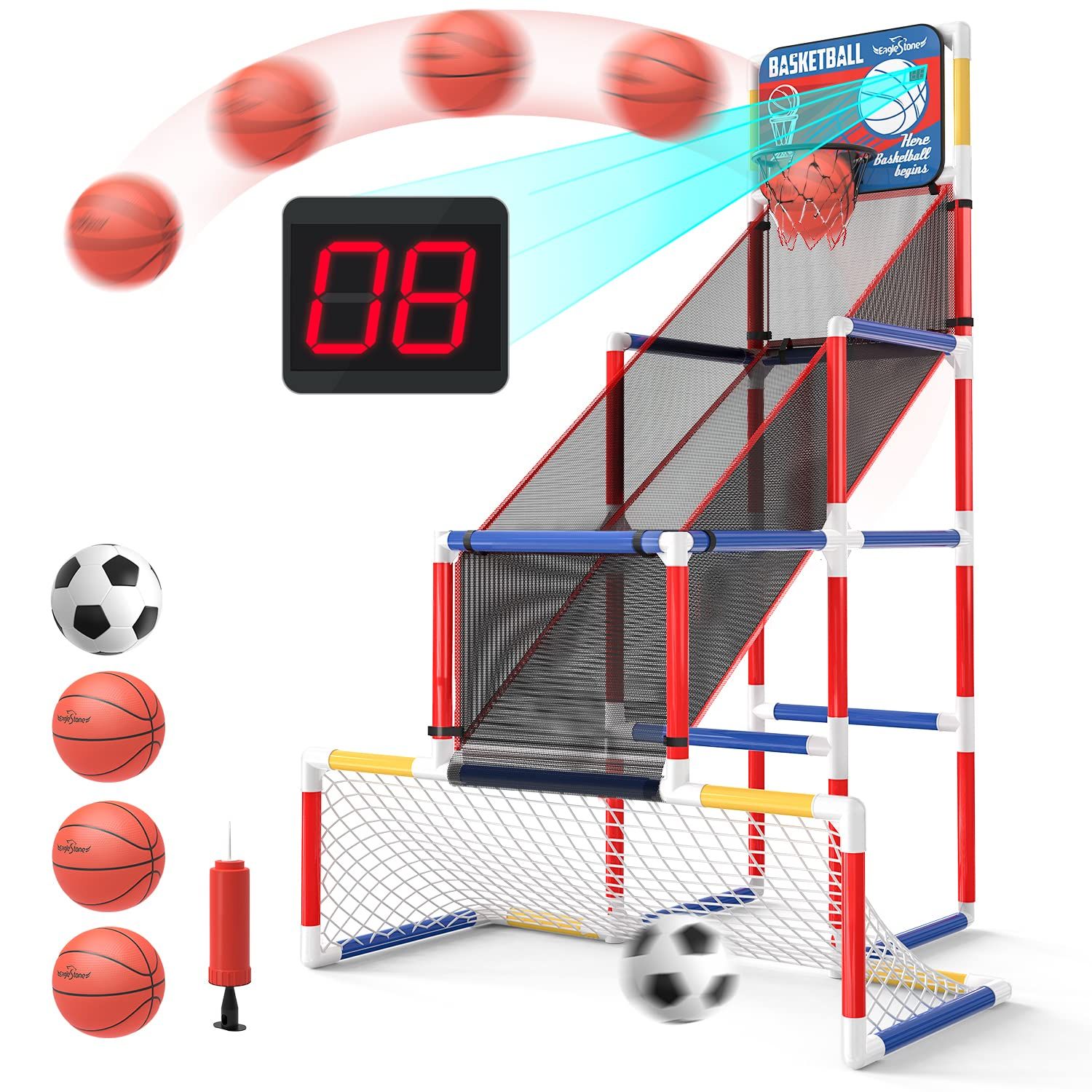 EagleStone バスケットゴール サッカーゴール 屋外 室内 おもちゃ 子供用 2in1ゴールセット バスケットボール3個 サッカー1個付き 自動採点 歓声 組立式 ストレス解消 小学生 男の子 バスケットボールネット家庭用 トレーニング クリスマス プ