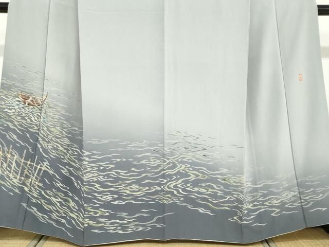 平和屋着物●十日町　加賀草木友禅の第一人者　田村哲彦　訪問着　流水小舟文　暈し染め　正絹　逸品　DABD9095ud 平和屋着物○十日町 加賀草木友禅の第一人者 田村哲彦 訪問着 流水小舟
