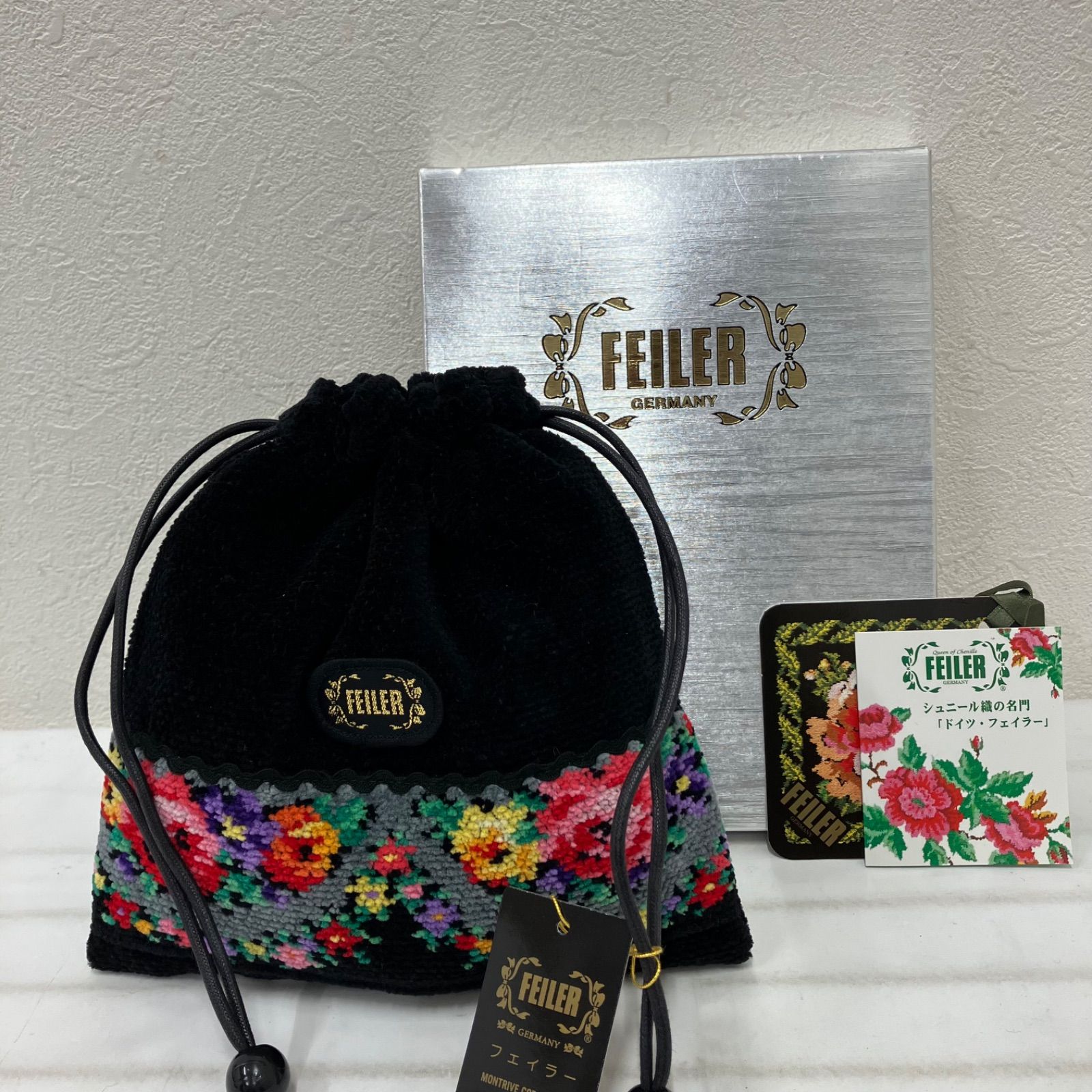 987 美品 FEILER フェイラー シュニール織り 巾着袋 花柄 ポーチ 