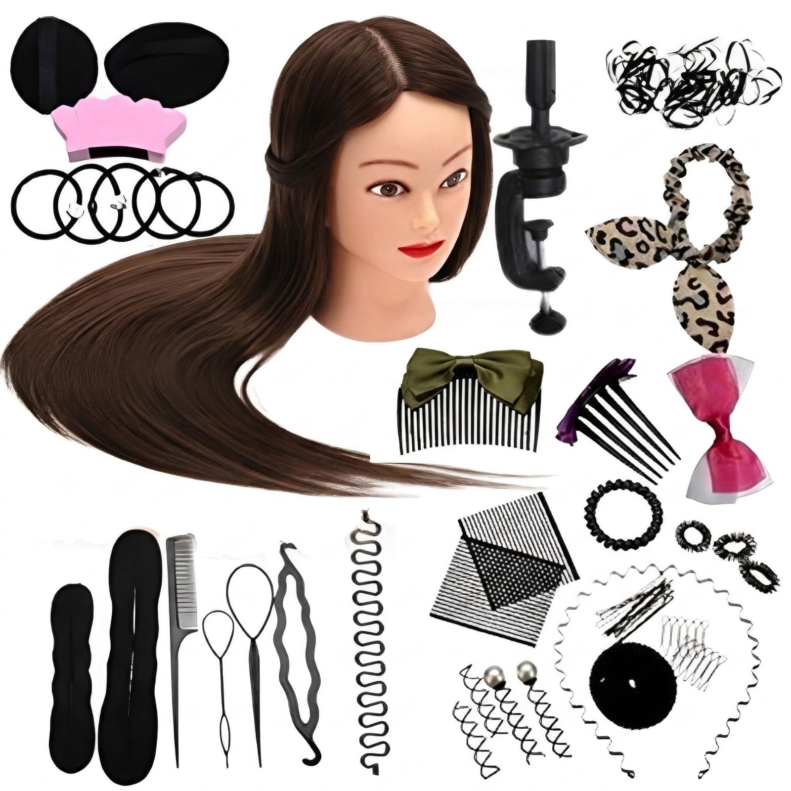 MIMIA スタイリストセット カットマネキン マネキンヘッド ウィッグ トレーニングヘッド ヘアサロン マネキン 人形ヘアサロンヘアスタイリスト 編みこみ 練習 [ダークブラウン]