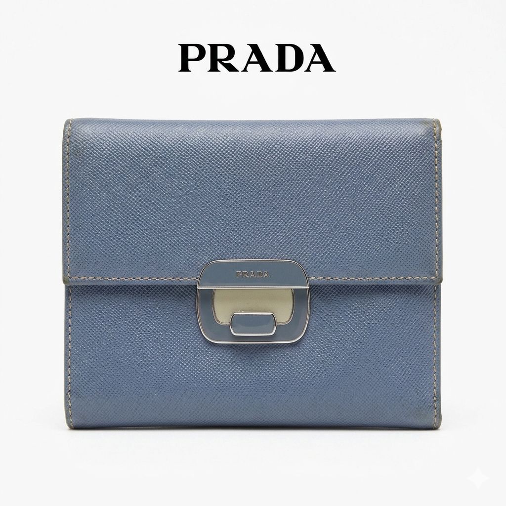 PRADA 水色 三つ折り財布 サフィアーノレザー PRADA】プラダ 三つ折り