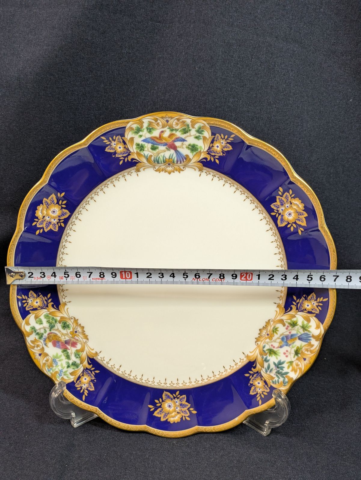 戦前期MEITO　手描き　豪奢な装飾絵皿　金彩xコバルトブルー　里帰り【稀少品】 九谷焼・手描き絵付け 波皿【色絵瑞鳥文7寸角皿】 | 九谷焼 真生窯