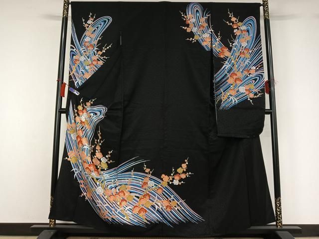平和屋着物▽振袖　単衣　流水枝梅文　黒地　洗える着物　AABH2303jh メルカリ