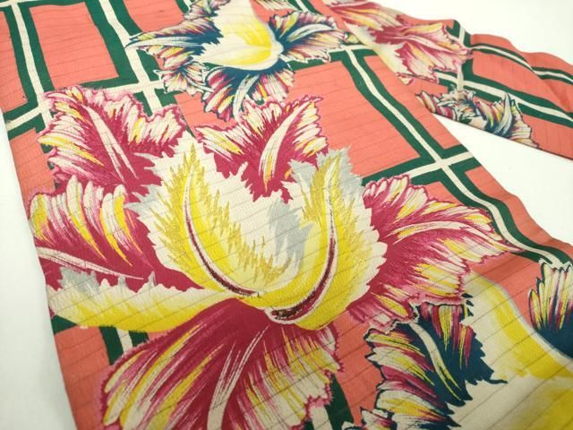 平和屋着物＊夏物　アンティーク　大正ロマン　九寸名古屋帯　絽縮緬　刺繍　大輪の花　正絹　逸品　DABD1795ps 平和屋着物＊夏物 アンティーク 大正ロマン 九寸名古屋帯 絽縮緬 刺繍