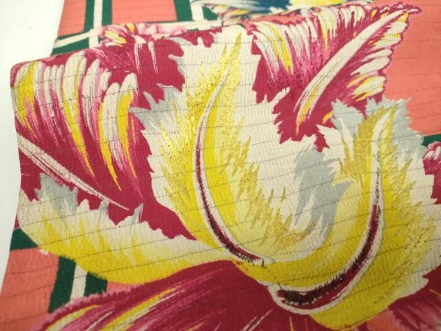 平和屋着物＊夏物　アンティーク　大正ロマン　九寸名古屋帯　絽縮緬　刺繍　大輪の花　正絹　逸品　DABD1795ps 平和屋着物＊夏物 アンティーク 大正ロマン 九寸名古屋帯 絽縮緬 刺繍