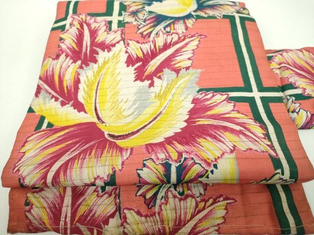平和屋着物＊夏物　アンティーク　大正ロマン　九寸名古屋帯　絽縮緬　刺繍　大輪の花　正絹　逸品　DABD1795ps 平和屋着物＊夏物 アンティーク 大正ロマン 九寸名古屋帯 絽縮緬 刺繍