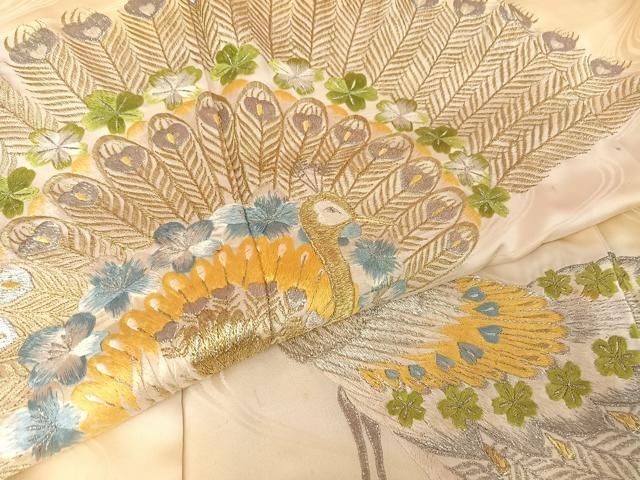 平和屋着物○訪問着 総刺繍 孔雀文 暈し染め 金銀糸 正絹 逸品