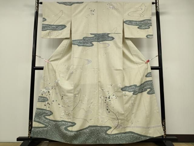 平和屋着物●十日町 名門青柳謹製　赤城紬　訪問着　絞り　流水風景草花文　正絹　逸品　CABE6998ut 平和屋着物○十日町 名門青柳謹製 赤城紬 訪問着 絞り 流水風景草花文