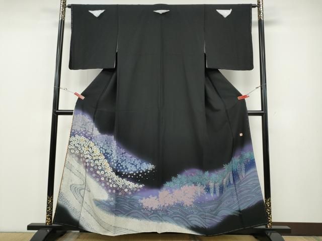 平和屋着物●ブライダルファッションデザイナー・桂由美　黒留袖　刺繍　立波草花文　十二単風　暈し染め　金糸　逸品　未使用　CABE7011ut 平和屋着物○ブライダルファッションデザイナー・桂由美 黒留袖 刺繍