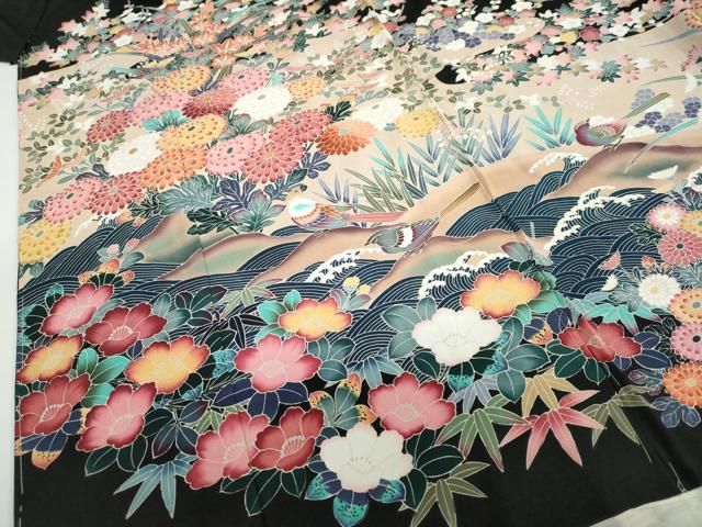 平和屋着物●豪華黒留袖　立波花鳥文　仮絵羽　正絹　逸品　未使用　DABC2955ud 平和屋着物○豪華黒留袖 立波花鳥文 仮絵羽 正絹 逸品 未使用