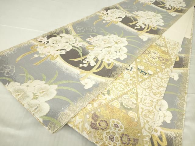 平和屋着物●丸帯　正倉院花文　胡蝶蘭　金糸　正絹　逸品　DABC3821az