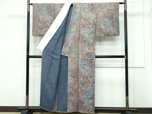 平和屋着物▽上質なお召　単衣　天目織　更紗花文　正絹　逸品　CABF4421rv 平和屋着物▽上質なお召 単衣 天目織 更紗花文 正絹 逸品 CABF4421rv