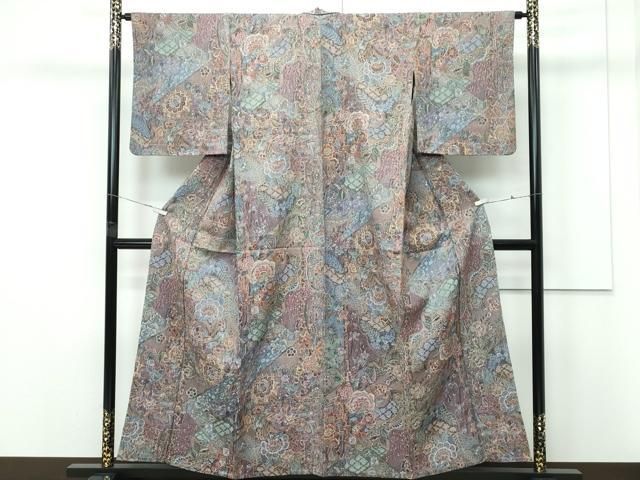 平和屋着物▽上質なお召　単衣　天目織　更紗花文　正絹　逸品　CABF4421rv 平和屋着物▽上質なお召 単衣 天目織 更紗花文 正絹 逸品 CABF4421rv