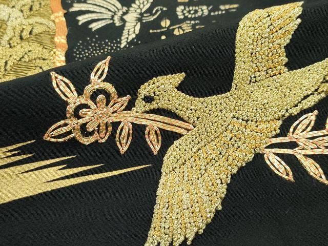 平和屋着物▽豪華黒留袖　単衣　駒刺繍　中国三大刺繍　相良刺繍　花喰い鳥鳳凰唐草文　金彩　正絹　逸品　CABF4424rv 平和屋着物▽豪華黒留袖 単衣 駒刺繍 中国三大刺繍 相良刺繍 花喰い鳥