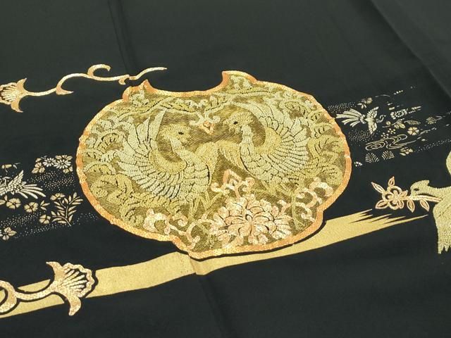 平和屋着物▽豪華黒留袖　単衣　駒刺繍　中国三大刺繍　相良刺繍　花喰い鳥鳳凰唐草文　金彩　正絹　逸品　CABF4424rv 平和屋着物▽豪華黒留袖 単衣 駒刺繍 中国三大刺繍 相良刺繍 花喰い鳥