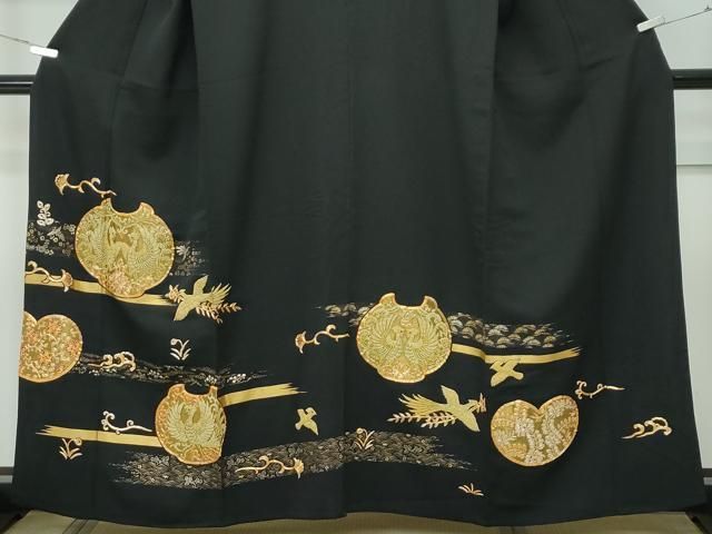 平和屋着物▽豪華黒留袖　単衣　駒刺繍　中国三大刺繍　相良刺繍　花喰い鳥鳳凰唐草文　金彩　正絹　逸品　CABF4424rv 平和屋着物▽豪華黒留袖 単衣 駒刺繍 中国三大刺繍 相良刺繍 花喰い鳥