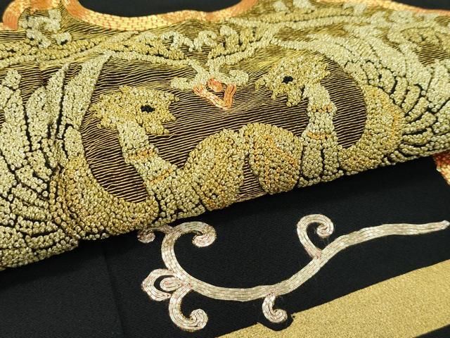平和屋着物▽豪華黒留袖　単衣　駒刺繍　中国三大刺繍　相良刺繍　花喰い鳥鳳凰唐草文　金彩　正絹　逸品　CABF4424rv 平和屋着物▽豪華黒留袖 単衣 駒刺繍 中国三大刺繍 相良刺繍 花喰い鳥