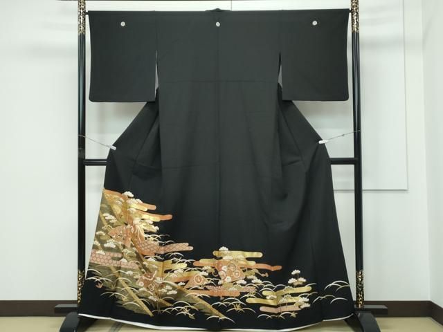 平和屋着物▽豪華黒留袖　単衣　エ霞檜扇鳳凰花松文　金彩　正絹　逸品　CABF4430rv 平和屋着物▽豪華黒留袖 単衣 エ霞檜扇鳳凰花松文 金彩 正絹 逸品
