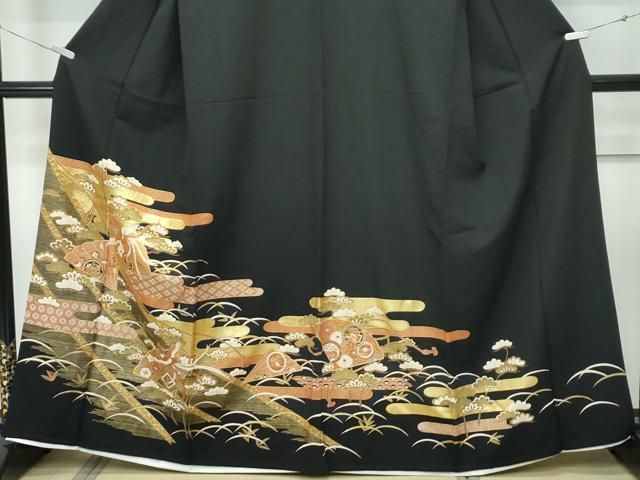 平和屋着物▽豪華黒留袖　単衣　エ霞檜扇鳳凰花松文　金彩　正絹　逸品　CABF4430rv 平和屋着物▽豪華黒留袖 単衣 エ霞檜扇鳳凰花松文 金彩 正絹 逸品