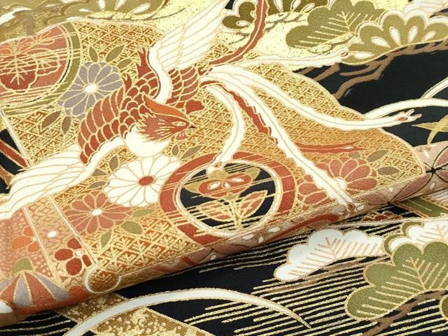 平和屋着物▽豪華黒留袖　単衣　エ霞檜扇鳳凰花松文　金彩　正絹　逸品　CABF4430rv 平和屋着物▽豪華黒留袖 単衣 エ霞檜扇鳳凰花松文 金彩 正絹 逸品