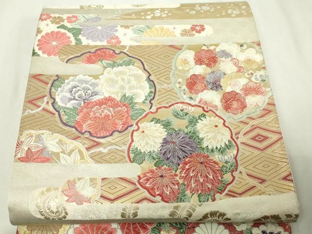 平和屋本店▼六通柄袋帯　唐織　草花吉祥文　九百錦純金箔24ｋ　正絹　逸品　DABE9355sf 平和屋本店▽六通柄袋帯 唐織 草花吉祥文 九百錦純金箔24k 正絹 逸品