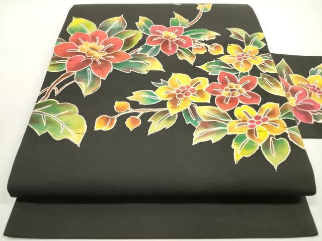 平和屋着物◎塩瀬 九寸名古屋帯 草花文 黒地 正絹 逸品 DABE8414xg