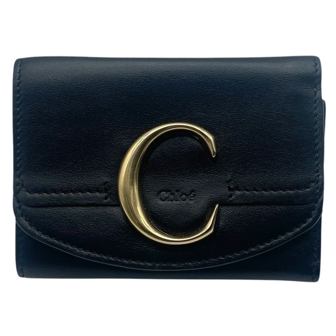 美品 Chloe クロエ 財布 三つ折り Cロゴ レザー ブラック 金具 