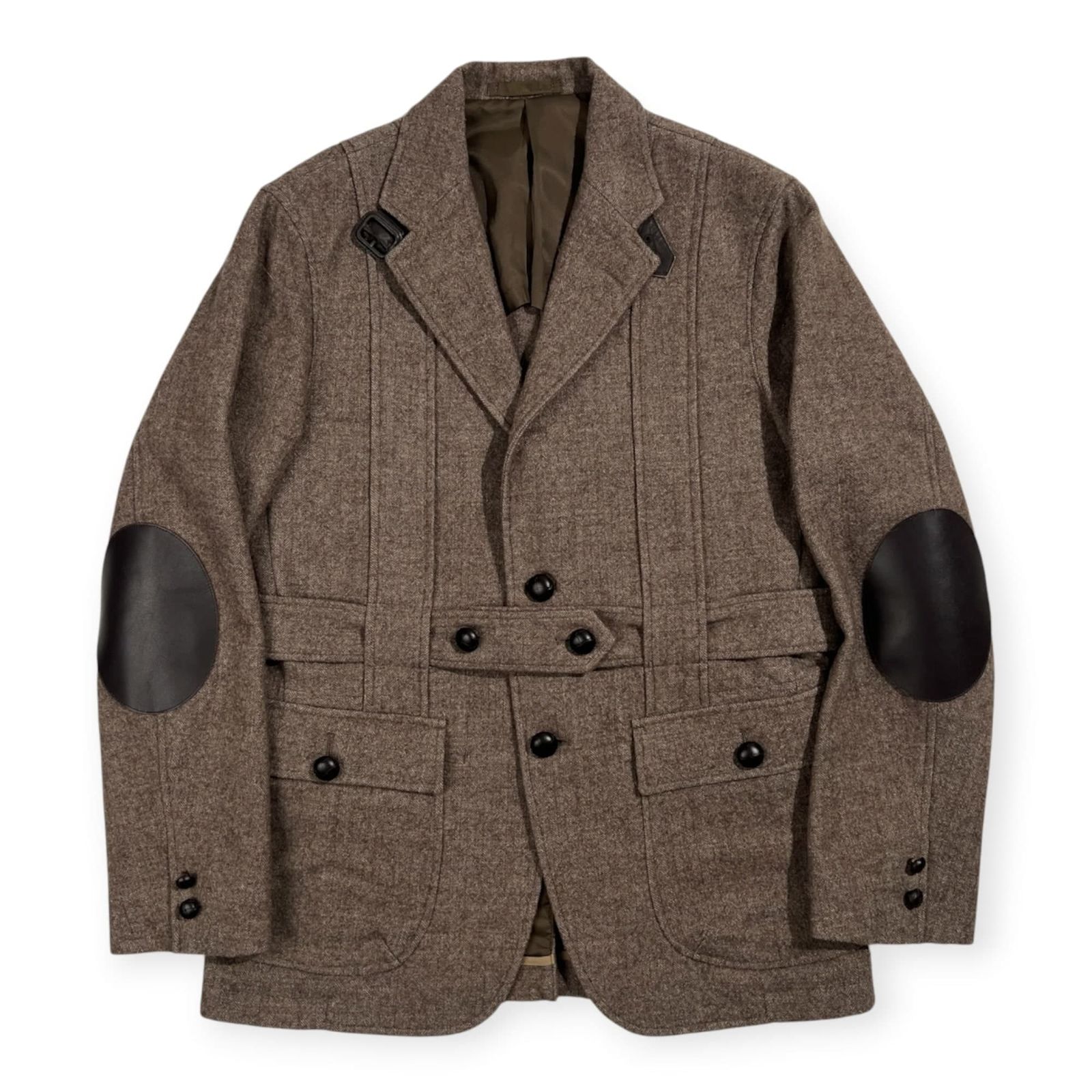 VAN Jacket　ジャケット　茶　LL　エルボーパッチ　くるみボタン　ベルト 美品 VAN JAC ヴァンヂャケット レザー エルボーパッチ ツイード